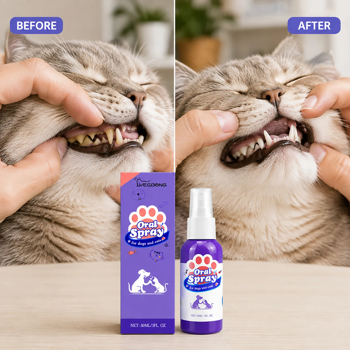 Pet Teeth Cleaning Spray Reduces Plaque & Tartar Buildup Keep Dog Cat Fresh Breath Oral Dental Care Hygiene Treatment All Breeds