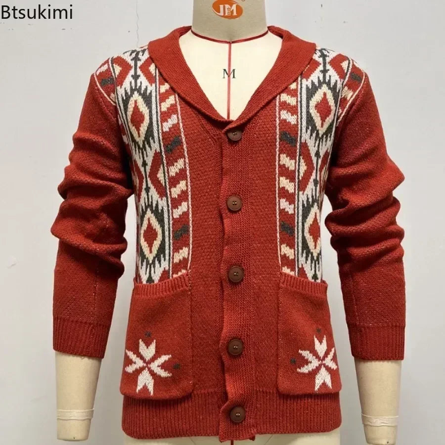 2026 Autumn/Winter Men's Sweaters Lapel Retro Jacquard Sweater Coats Man Knitted Cardigan Thicker Warm Sweater for Men's Jacket