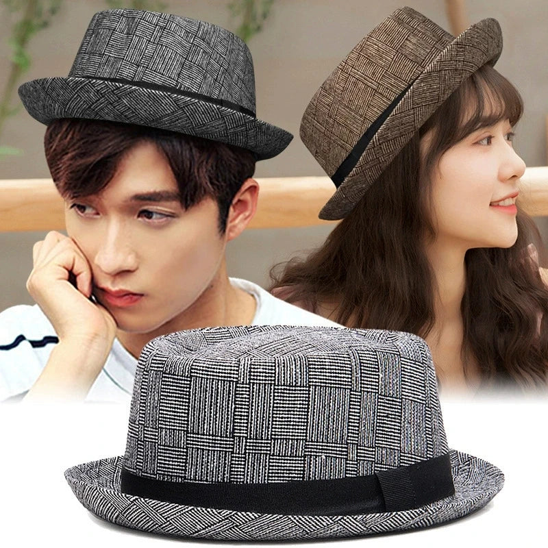 New Autumn and Winter Hats for Men British Retro Jazz Hats Round-Top Small Top Hats Women's Classic Plaid Gentleman-Style Hats