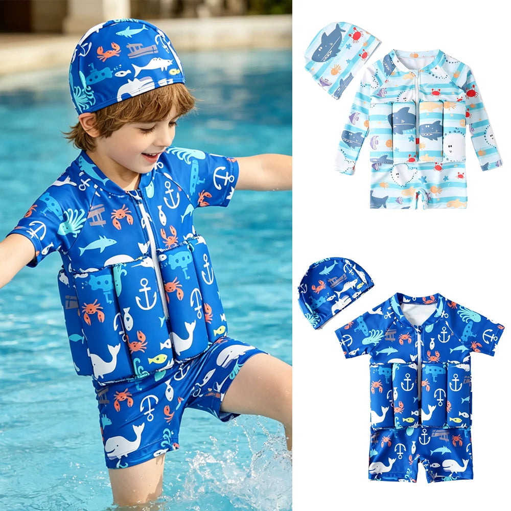 Children Swimming Training Swimwear Boys Girls Swimming Suit Detachable Floating Swimsuit Kids Buofancy Swimwear+Caps Suit