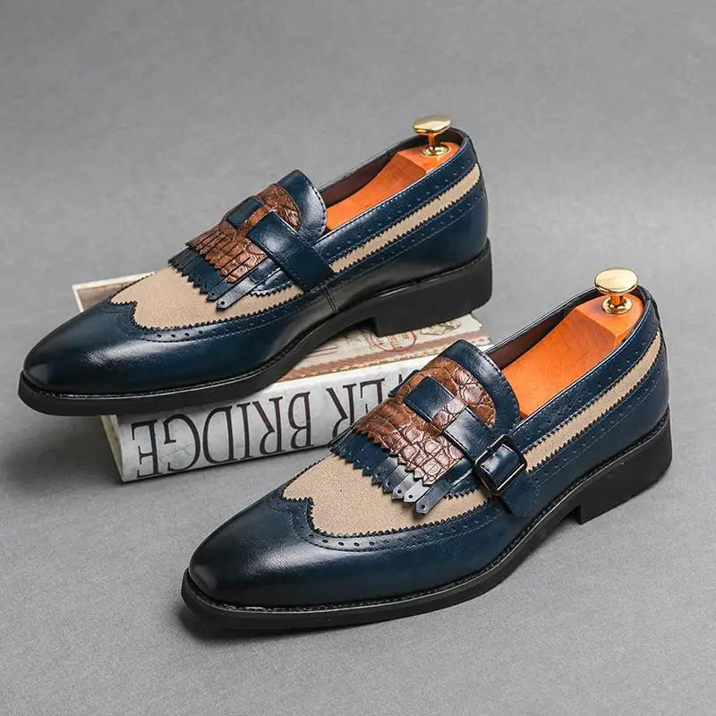 Men Loafers Business Dress Shoes British Style Leather Brogue Shoes Slip on Office Leather Shoes Handmade Pointed Toe Men Flats