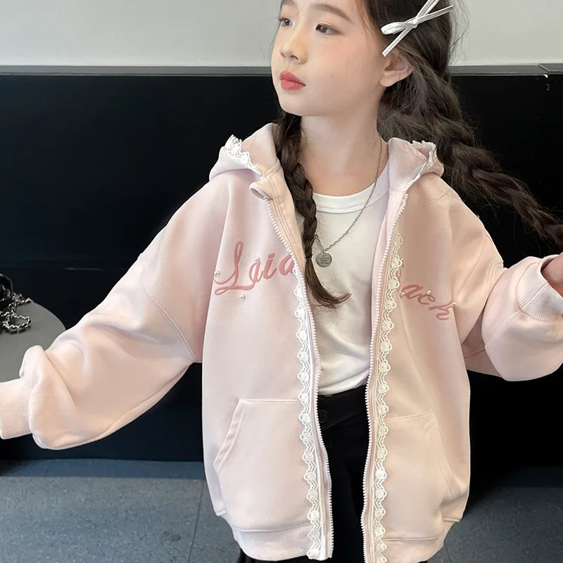 Kids Winter Warm Hooded Jacket Coat With Lace For Girls Zipper Insulated Sweatshirt Jacket Outfit Child Fleece Lined Outerwear