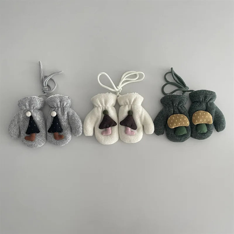 Children's Gloves 2025 Autumn Winter New Ins Mushroom Thick Glove Baby Boys And Girls Hanging Neck Children's Snow Mittens