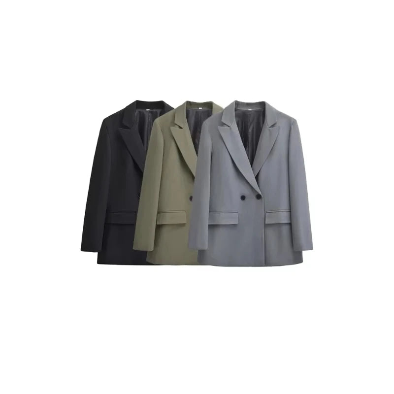 2025 Fashion Simple Loose Double Breasted Blazer Coat Long Sleeve Flap Pockets Female Outerwear Chic Tops Office Outwear