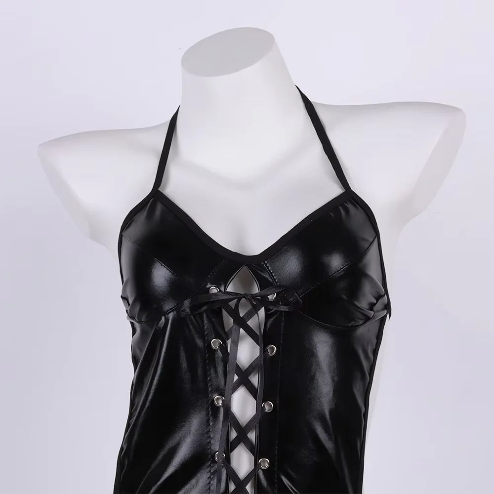 Latex Leather Underwear Women Hollow Bra Set Erotic Costumes Backless V Neck Baby Doll Dress Plus Size Corsets Sexy Lingerie Set