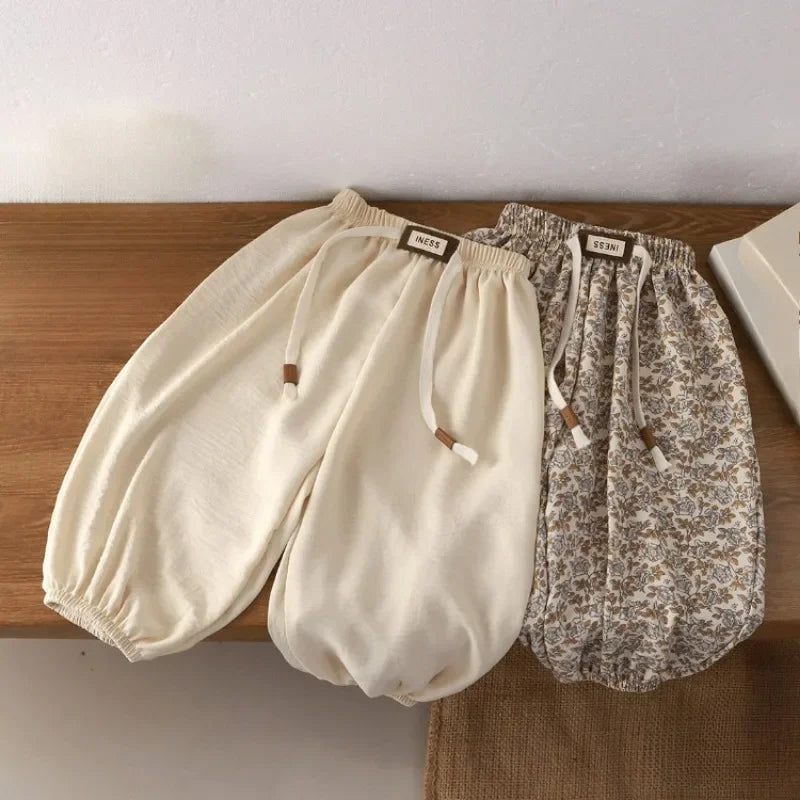 Kids' Long Pants Summer Korean Style Loose Fit Unisex Casual Solid Color Mosquito-Proof Cuffed Pants for Boys Girls Baby