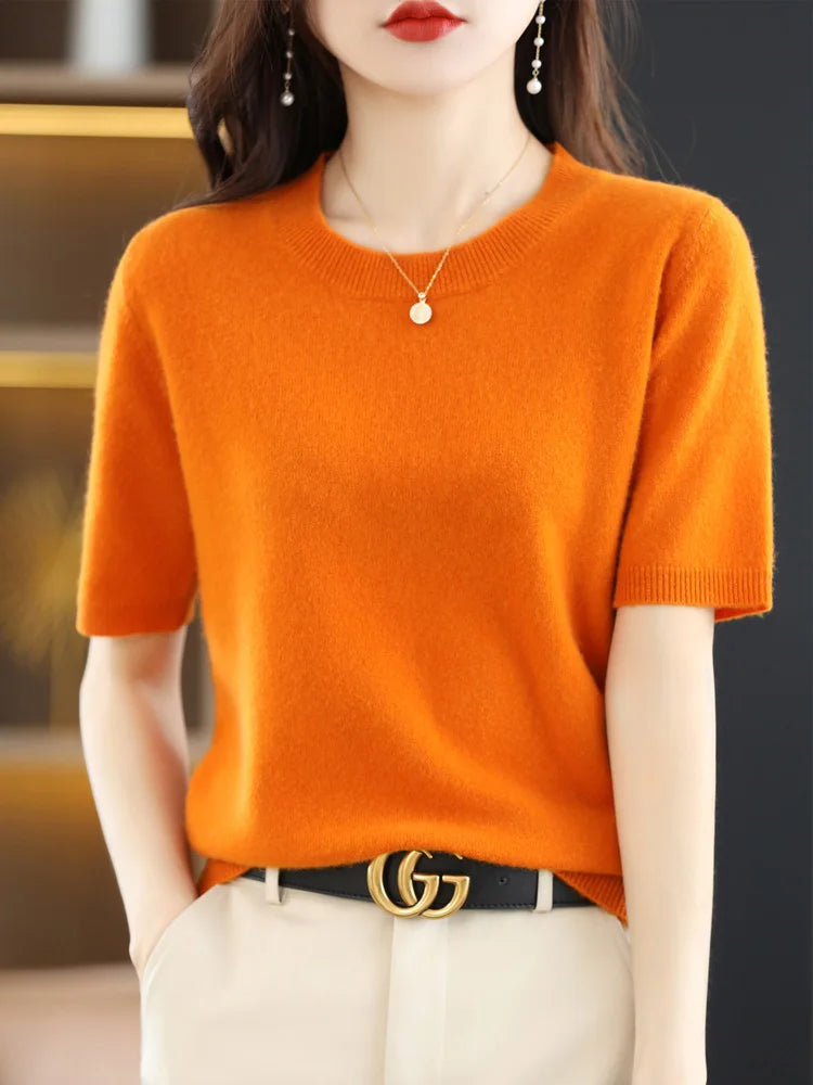 Short Sleeves Women's Sweater O-neck Bottoming Shirts Solid Spring Summer Korean Fashion Sweater Knit Top Casual Basic Pullovers
