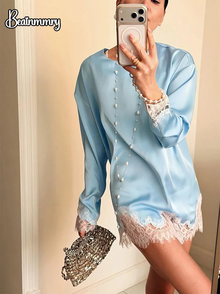 Lace Patchwork Women Mini Dress Long Sleeve Women O Neck Casual 2026 Straight Spring Female Dresses Casual Solid Beach Robes