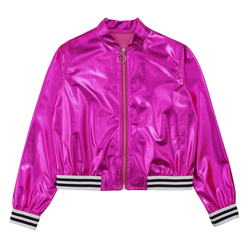 Kids Girls Hip-hop Jazz Street Dance Coat Long Sleeve Shiny Bronzing Cloth Baseball Jacket Bomber Outerwear Streetwear Dancewear