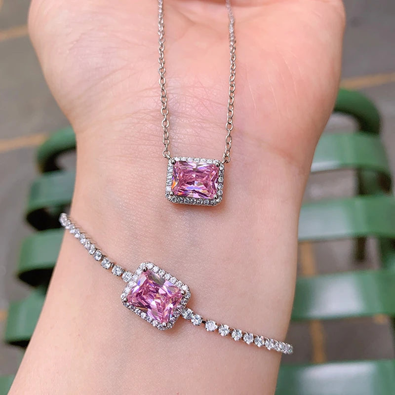 Women Jewelry Vintage 7*9mm High Quality Yellow Pink Blue Crystal Bracelet Necklace Party Fine Gift