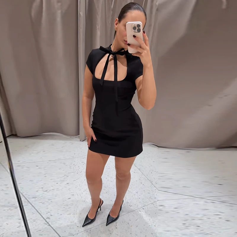 Fashion Polka Dot Square Neck Dress Women's Short Sleeve Slim Lace Up Mini Dresses 2026 Spring New Lady Elegant Casual Wear