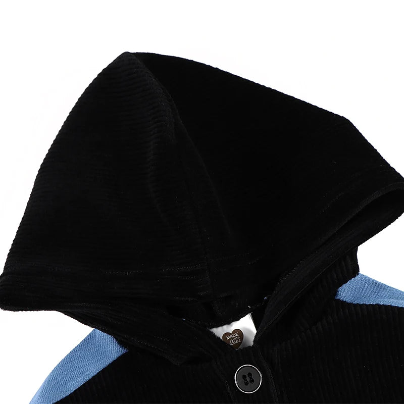 Kids Shirt Black Corduroy Dress Side Denim Panel Long Sleeves Boy/Girls T-Shirt Cangroo Pocket Family Set Outfit Hoodie Clothing