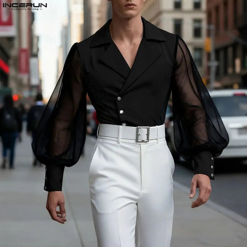 INCERUN Men Blazer Mesh Patchwork Lapel Long Sleeve See Through Male Suit Streetwear Sexy Button 2026 Fashion Casual Thin Coats