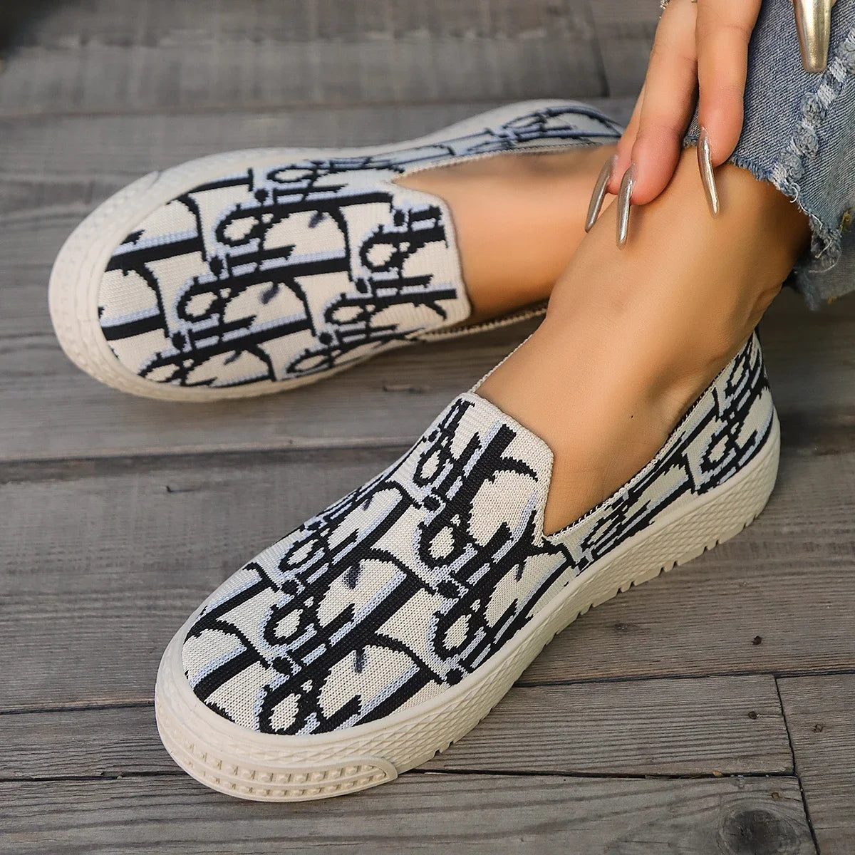 Graffiti Loafers Women's 2025 Spring  Knitted Deep Mouth Fashion Easiest for Match Casual Plaid Breathable Sneakers  Shoes