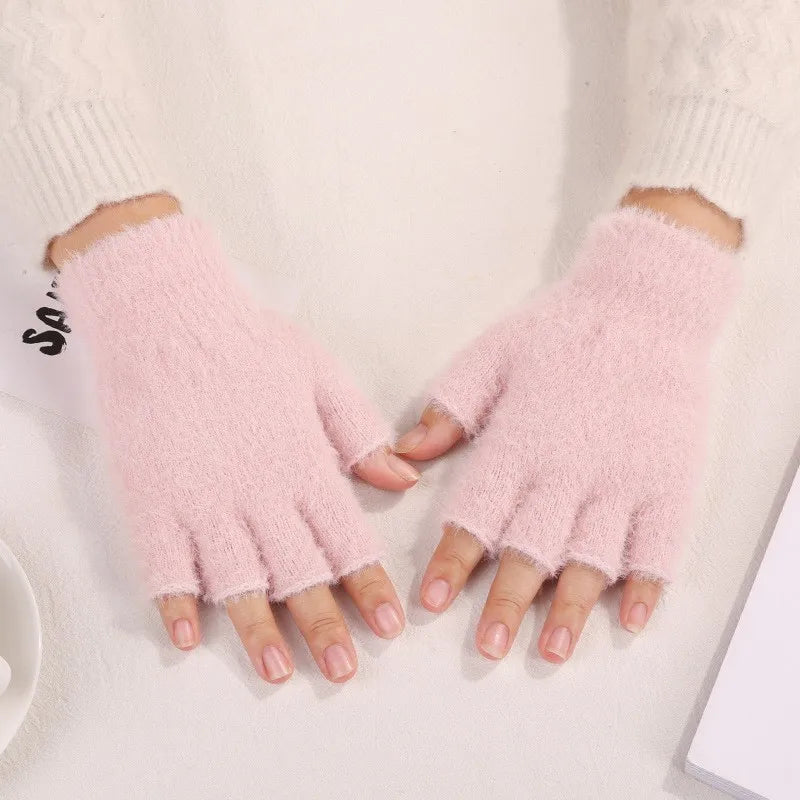 Fuzzy Gloves Women Winter Soft Warm Fashion Writing Gloves Office Typing Student Solid-Color Minimalist Ladies Half-Finger Glove