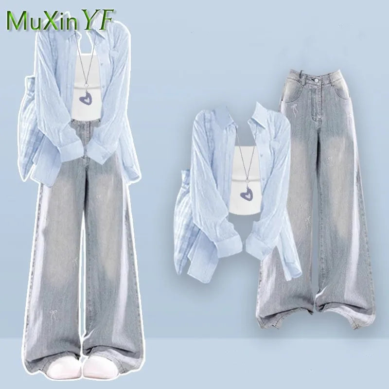 2026 Summer New Korean Elegant Denim Pants Matching Set Women's Fashion Sunscreen Shirt+Strap+Loose Wide Leg Jeans 3-Piece Suit