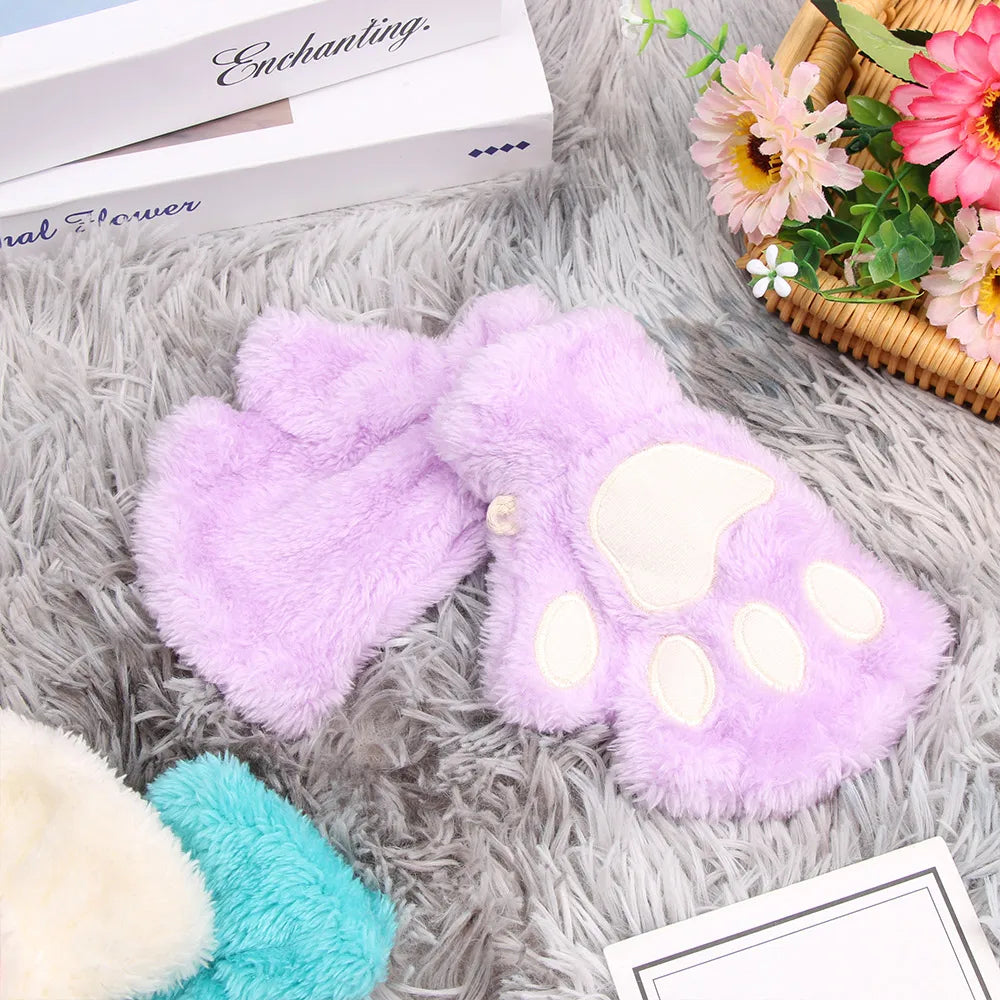 Children Cat Gloves Fashion Boys Girls Cat Claw Paw  Mittens Warm Soft  Short Fingerless Half Finger Winter Gloves