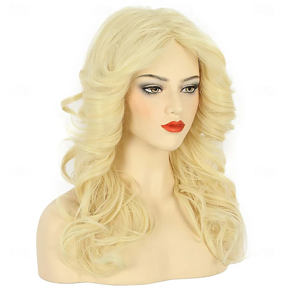 Synthetic Hair Women 70s Feathered Wig Long Blonde Wave Disco Singer Wig Vintage Costume Wig Halloween Party Costume Wig