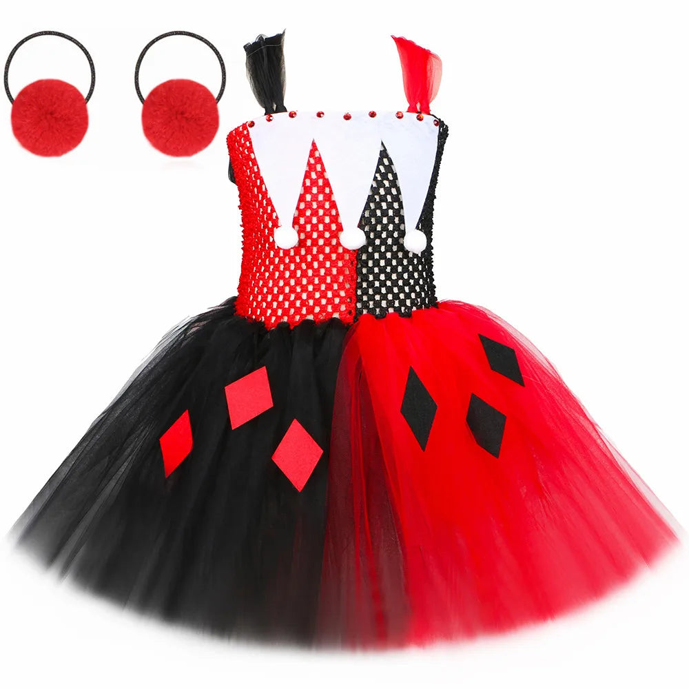 Kids Clown Costume for Girls Red & Black Joker Tulle Tutu Dress Outfits Toddler Girls Halloween Carnival Party Dress Up Clothes