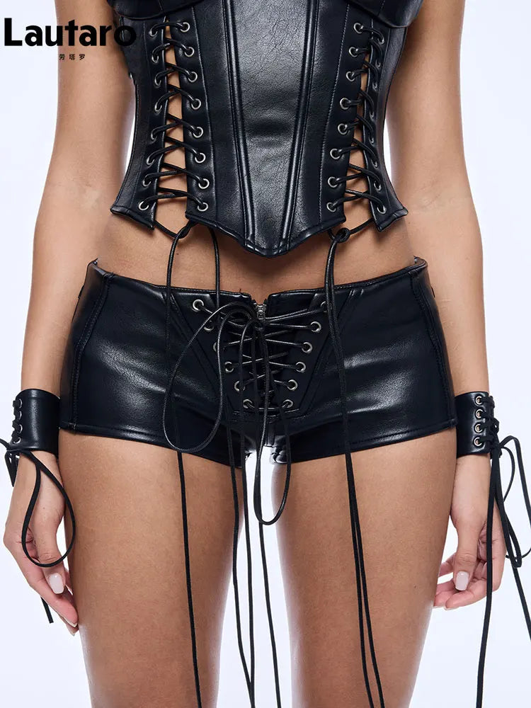Lautaro Spring Summer Sexy  Black Pu Leather Micro Mini Shorts Women Low Waist Punk Style Alt Gyaru Clothing Streetwear Buttoms