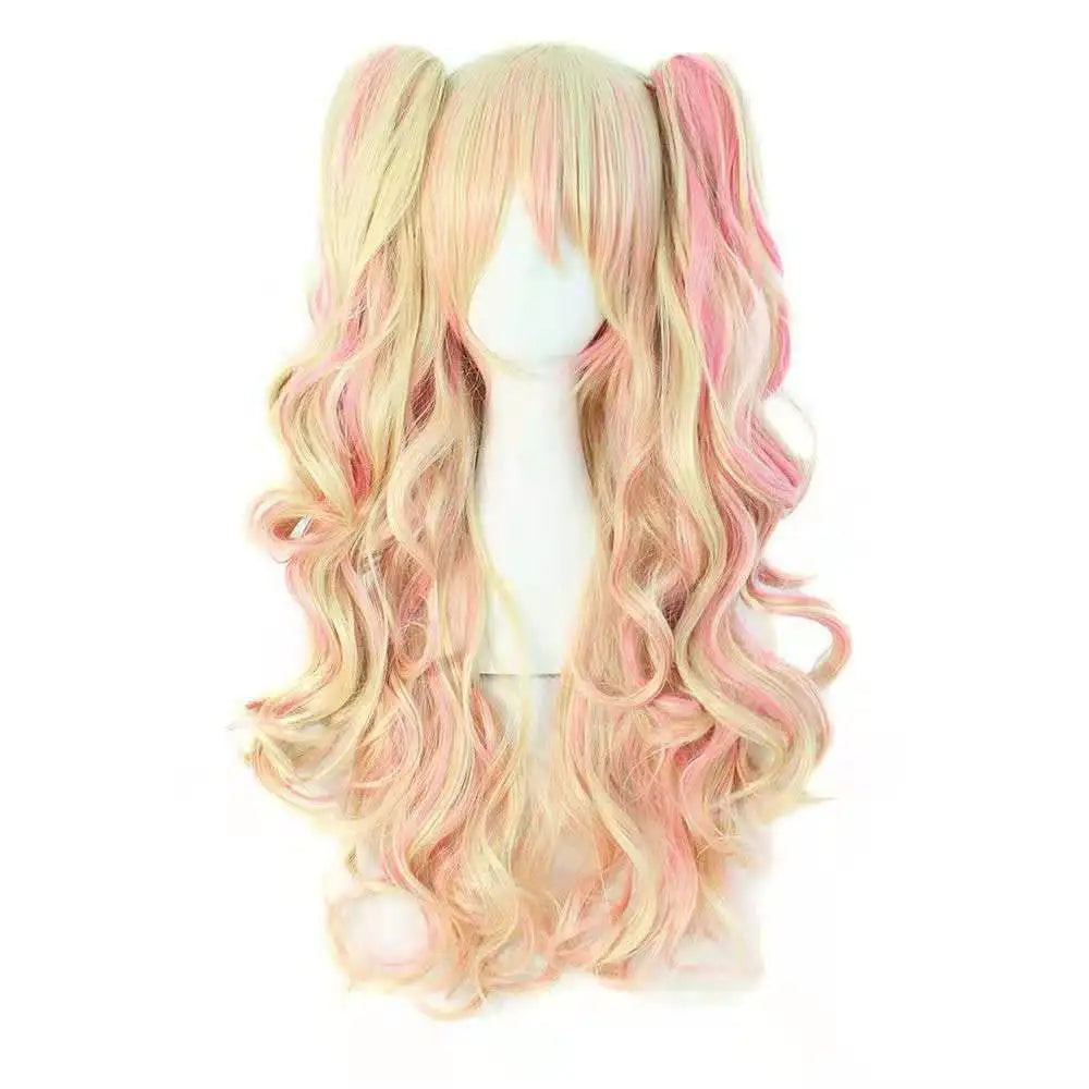 Long Wavy Anime Cosplay Lolita Wig Blue Blonde Pink Ombre Two Ponytails Girls Kawaii Anime Accessories Wigs for Women