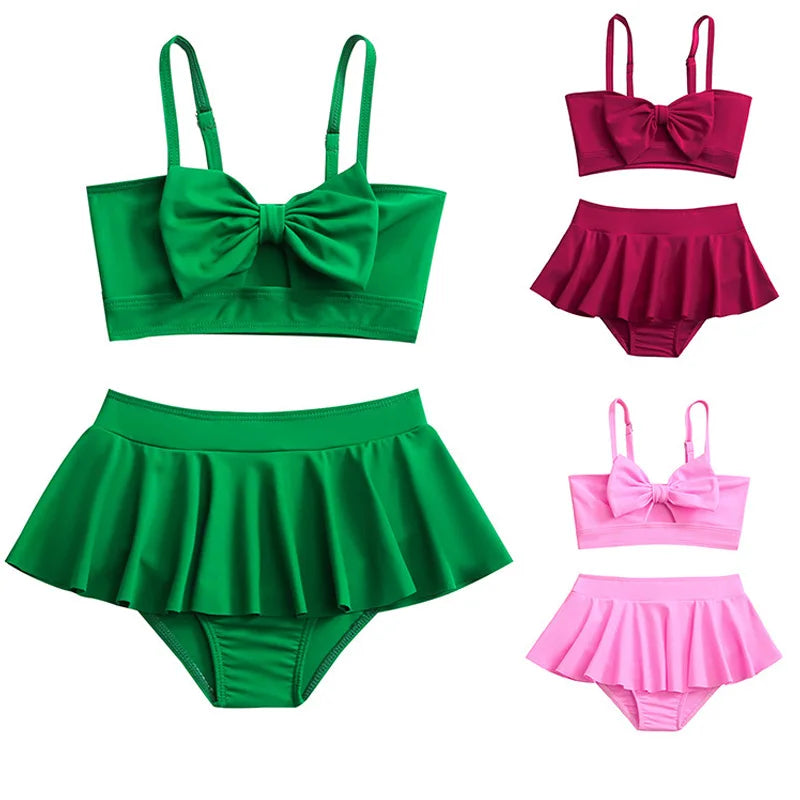Girls Swimsuits Sets Summer Children Cute Bow Separate Swimsuit Two Piece Outfits Kids Fashion Beach Top with Skirt Suits