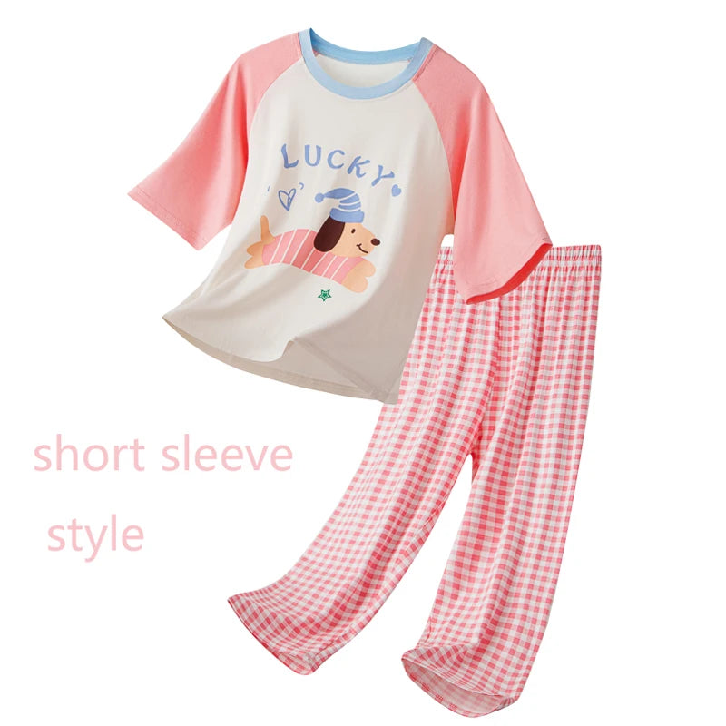 Kids Modal Pajamas Set, Short Sleeve Long Pants Cartoon Loungewear, Breathable Cool Soft Sleepwear For Boys Girls