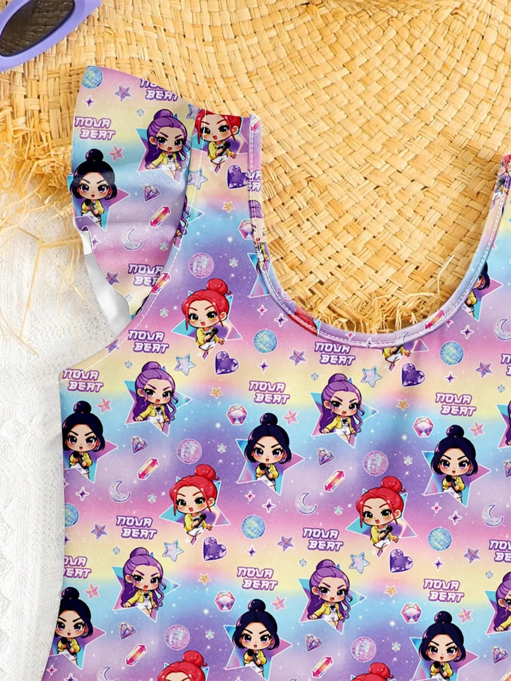 Girls Cartoon Print Swimsuit – 2-in-1 One-Piece Swimwear with Skirted Bottom for Kids Beachwear