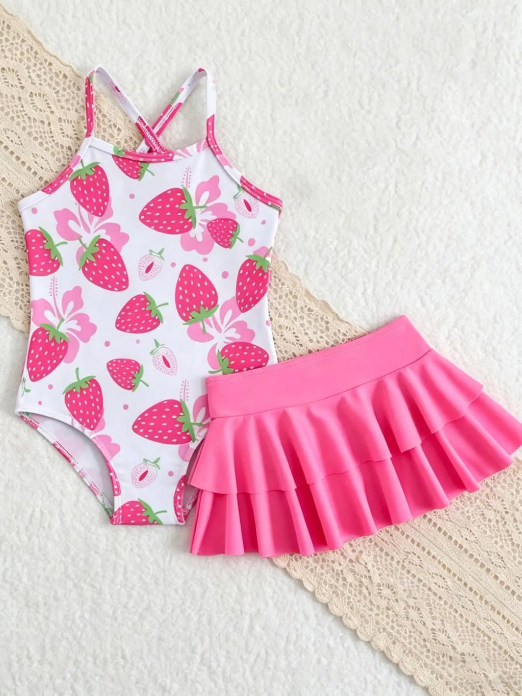 Girls' Summer Casual Swimwear Children's Red and Pink Swimsuit Set, Girls' Strapless One-Piece Swimsuit + Beach Skirt Two-Piece Set Suitable for Girls Aged 4-12, Beach Swimwear Outfit