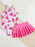 Girls' Summer Casual Swimwear Children's Red and Pink Swimsuit Set, Girls' Strapless One-Piece Swimsuit + Beach Skirt Two-Piece Set Suitable for Girls Aged 4-12, Beach Swimwear Outfit