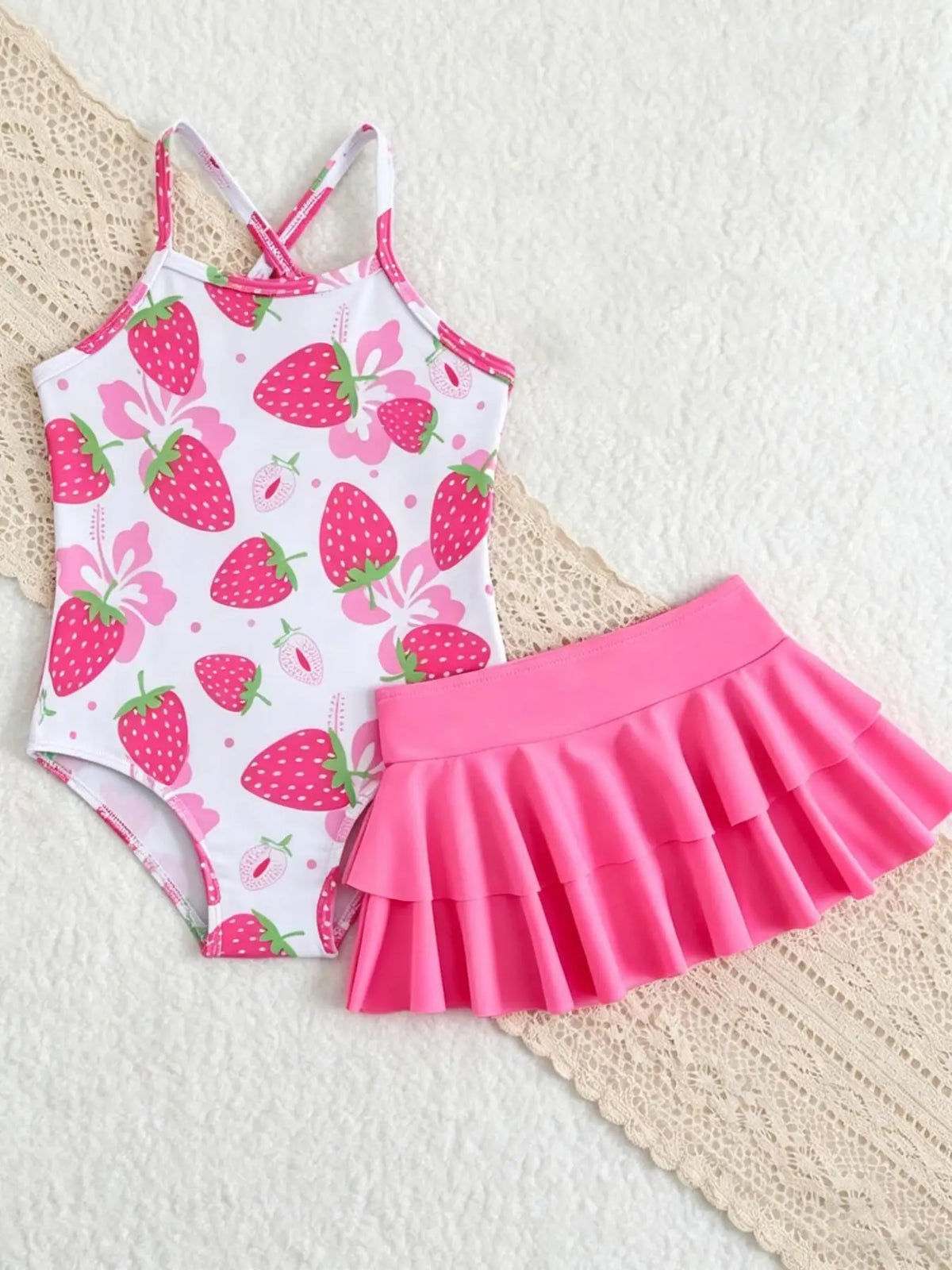 Girls' Summer Casual Swimwear Children's Red and Pink Swimsuit Set, Girls' Strapless One-Piece Swimsuit + Beach Skirt Two-Piece Set Suitable for Girls Aged 4-12, Beach Swimwear Outfit