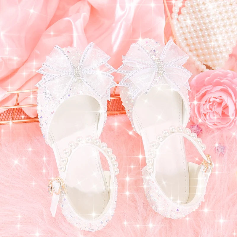 Children's high heels female crystal shoes princess little girl catwalk white with dress show host shoes girl