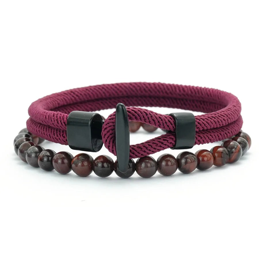 Classic 2Pcs Rope and Beaded Bracelet for Men Handmade Easy Hook Rope Natural Malachite Casual Nautical Jewelry Set Pulseria