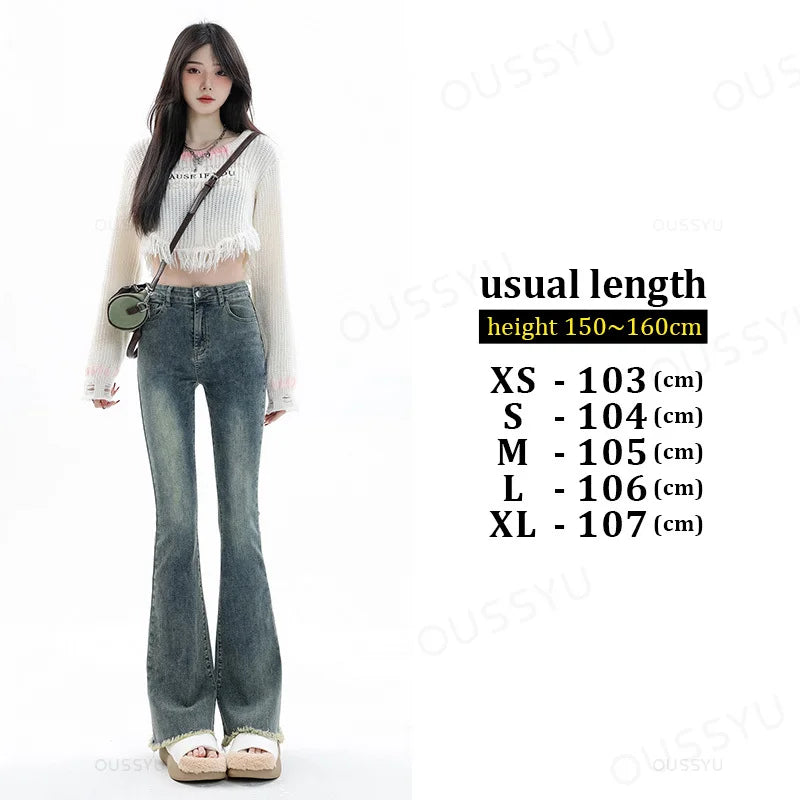 Spring Summer Flared Jeans Women Cotton Vintage Blue Denim Pants Streetwear Elastic High Waist Slim Harajuku Trouser Plus Length
