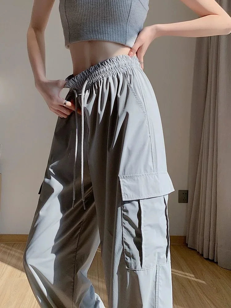 Summer Cargo Pants for Women Wide Leg High Waist Drawstring Woman Trousers Ice Silk Casual G Autumn Clothing Chic and Elegant