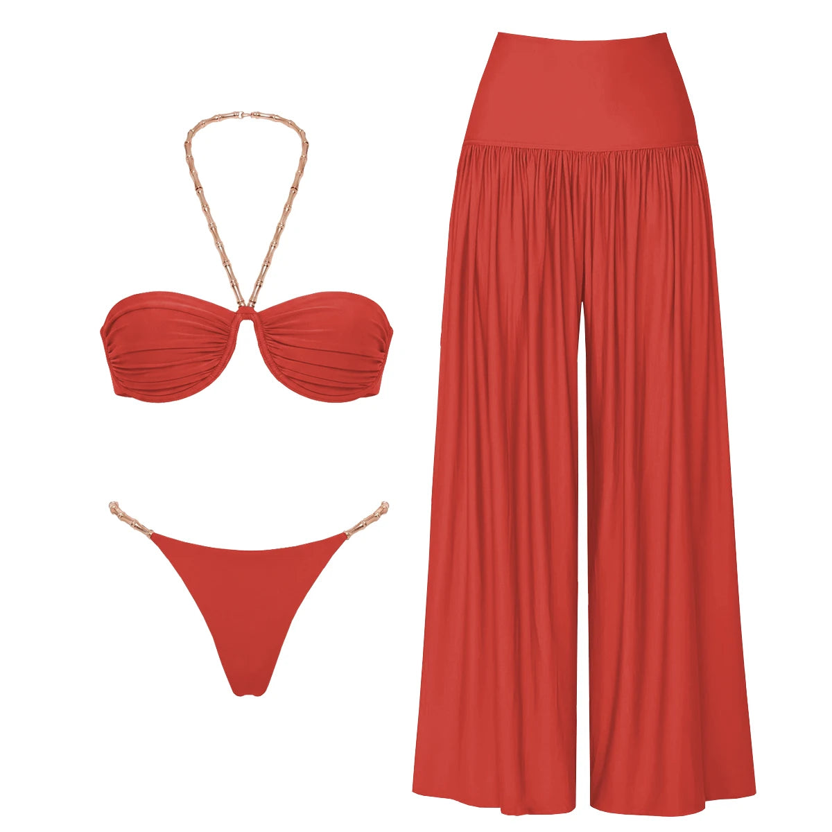 New Solid 3 Pieces Bikinis Sets With Mesh Pants Push Up Beachwear Sexy Women's Swimsuit Cover-ups Strappy Beach Wear