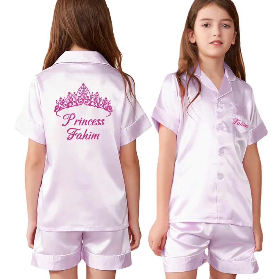 Custom Name and Date Children Pajama Silky Satin Pajamas Flower Girl Personalized Happy Birthday Pajamas Kids Princess Pajamas