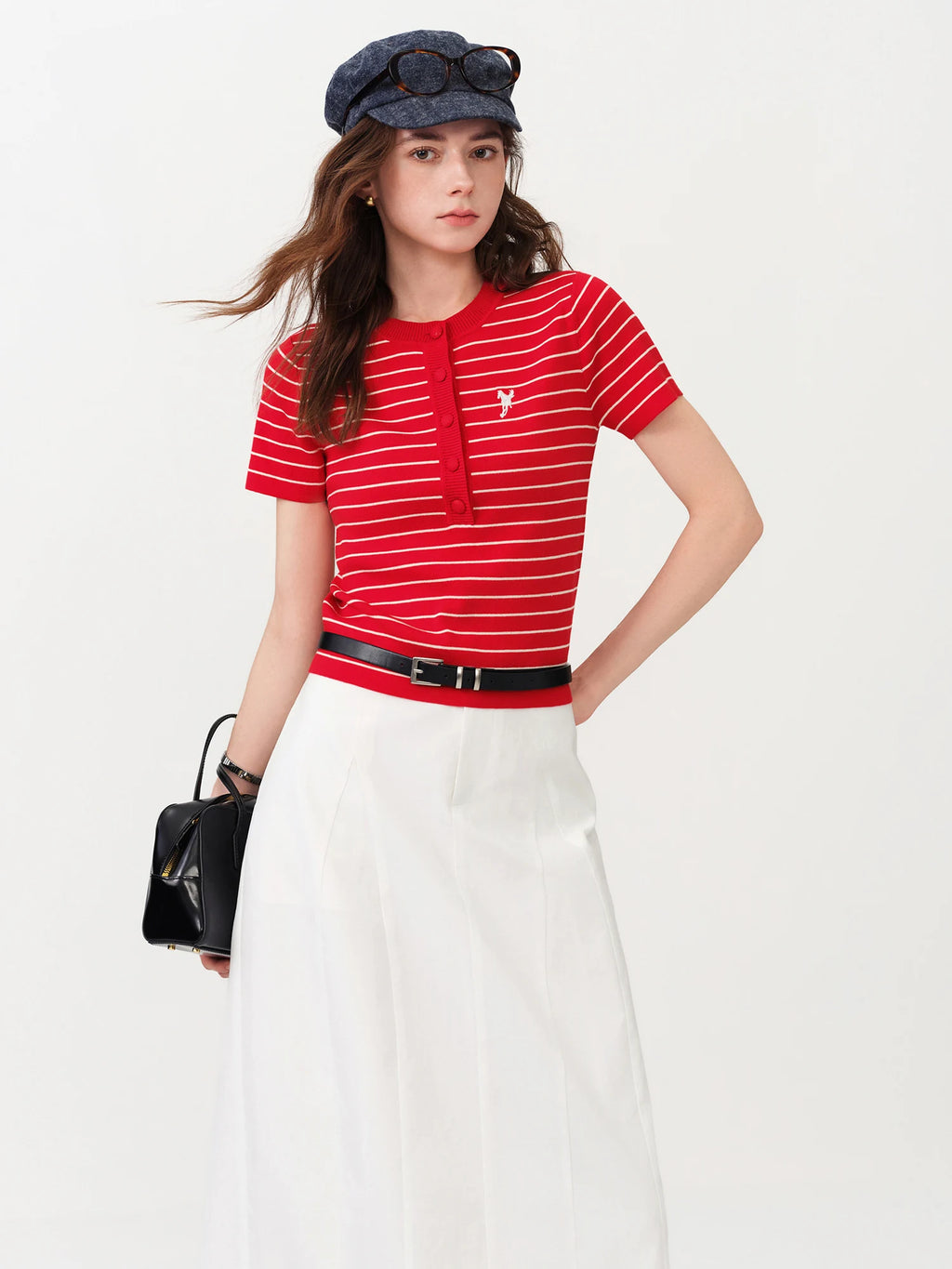 FSLE Vintage Styled Striped Knit Top for Women 2026 Summer New Arrival Short Sleeve Slim-Fit Henley Sweater Crew Neck T-shirt