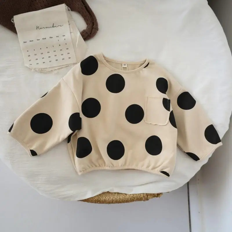 Korean Children Boy Sweatshirt Cotton Retro Dot Printed Toddler Kid Boyd Basic Shirts Loose Round Collar Kids Baby Boy Pullovers
