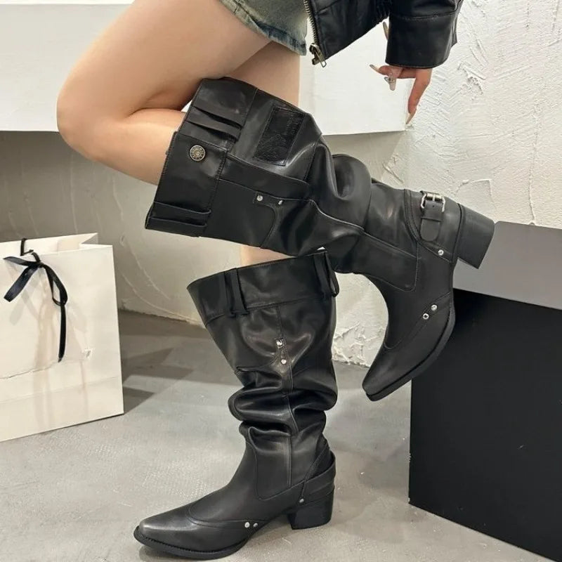 Wrapped Single Boots for Women Spring Summer Pointed Toe Studded Metal Buckle Side Zipper No Knee Block Heel Boots