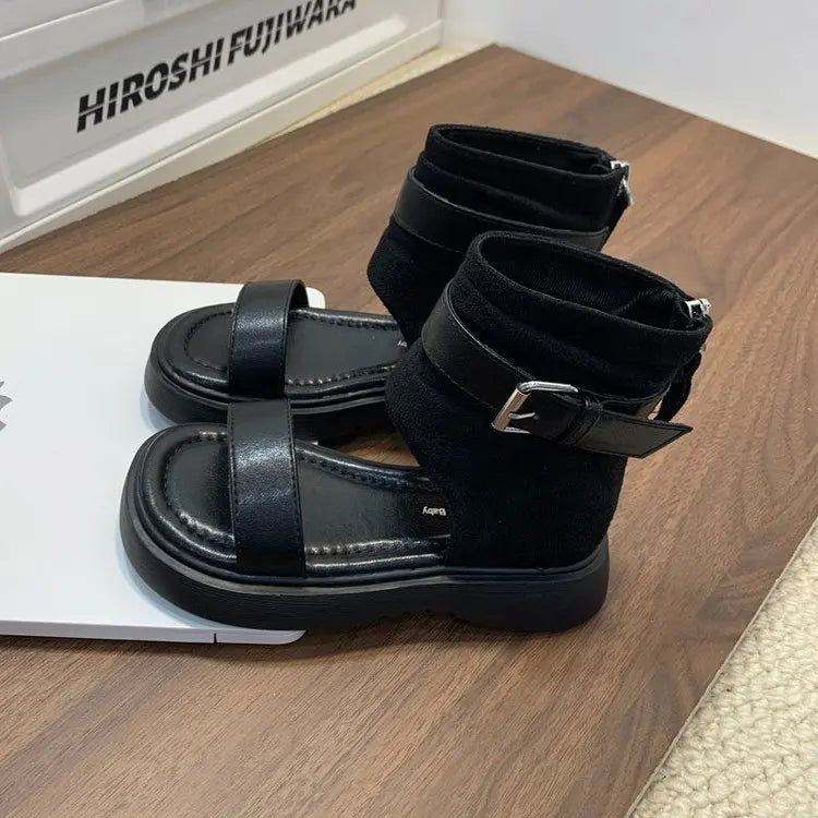 Kids Suede High Top Sandal Boots Single Buckle Back Zipper Thick Platform Sole For Summer Walking Outdoor Outings For Girls