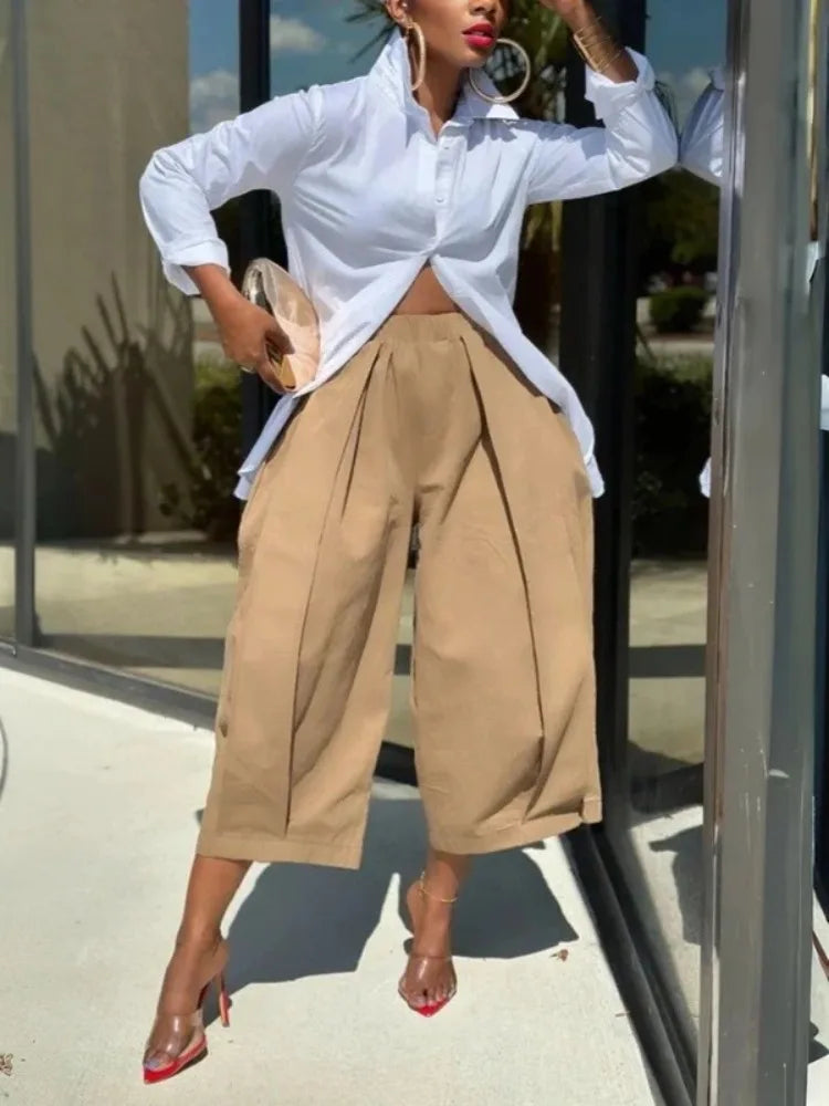 UOOZEE Women's Solid Color Cotton Blend Cropped Pants 2025 New Summer Casual Loose High-Waisted Wide Leg Trousers Bottoms