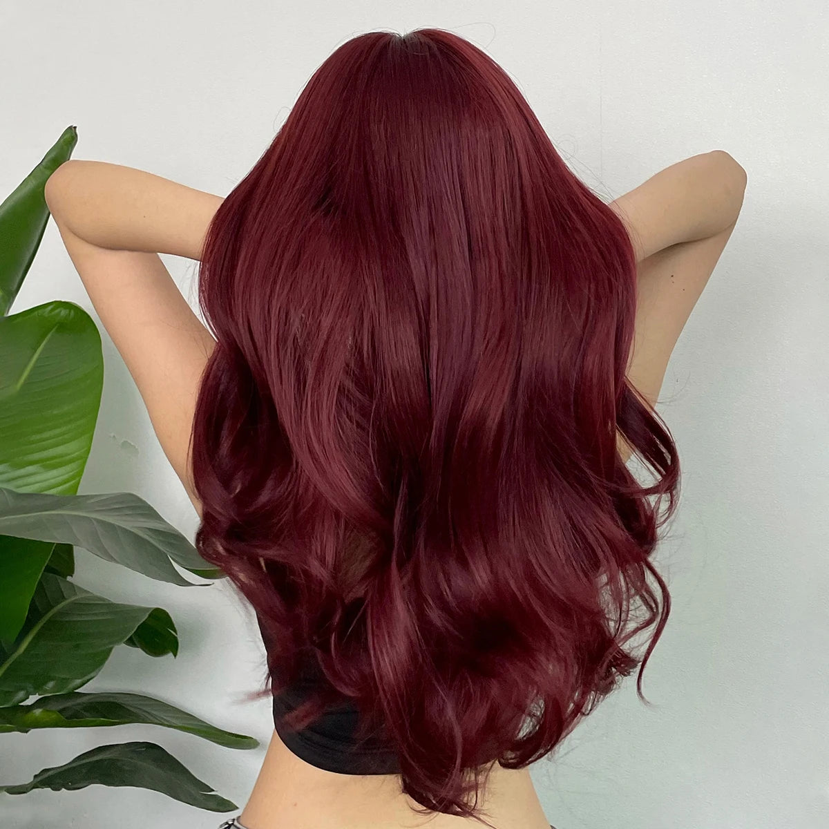 Wine Red Long Wavy Synthetic Wigs with Bangs for Women Colorful Burgundy Red Body Wave Cosplay Wig Halloween Heat Resistant Hair