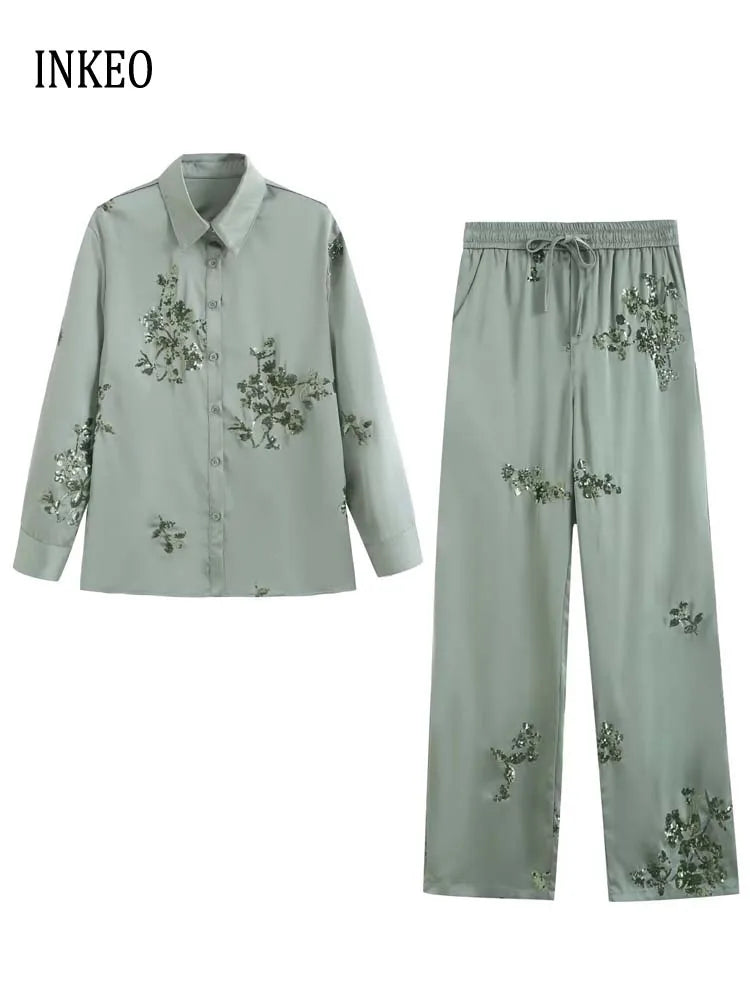 Luxury Women's Sequined satin shirt Long sleeve blouse And Elastic waist long pants 2025 Spring summer Suit Green INEKO 4T005
