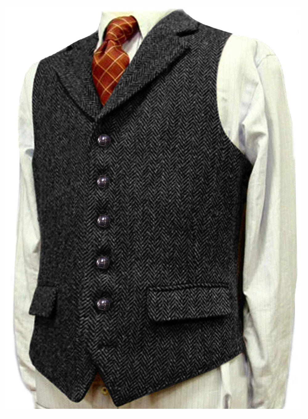 Men Vest With Lapel Boutique Herringbone Wool Tweed Slim Fit Waistcoat Casual Formal Business Wedding Daily Men Suit Vest
