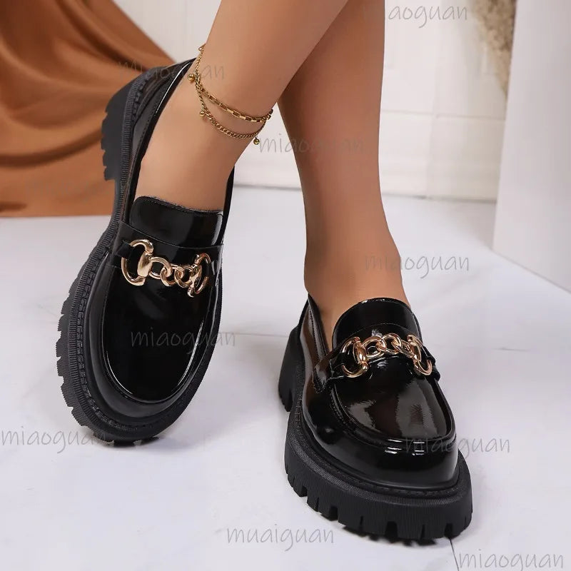 Fashion Metal Decoration Black Loafers Shoes for Women Non Slip Platform Casual Shoes Slip-on Office Ladies Footwear Size 35-43