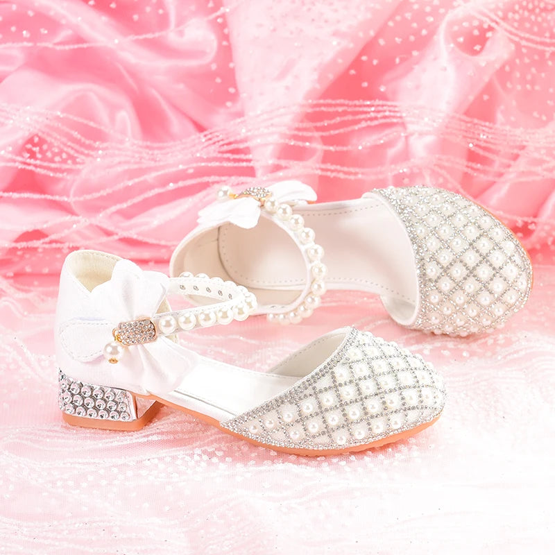 The high heels for girls feature a headband design, perfect for weddings and party occasions. Children's crystal princess shoes,