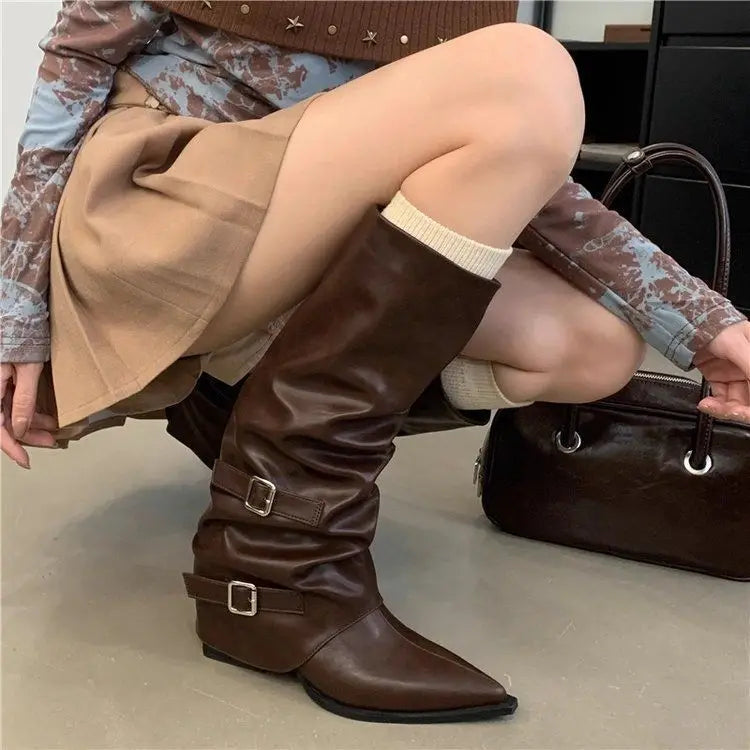 Designer Women's Boots Winter Cosy Pointed Toe Woman Shoes Fashion Sexy Knee-High Boots for Women Belt Buckle Thick Heel Boots