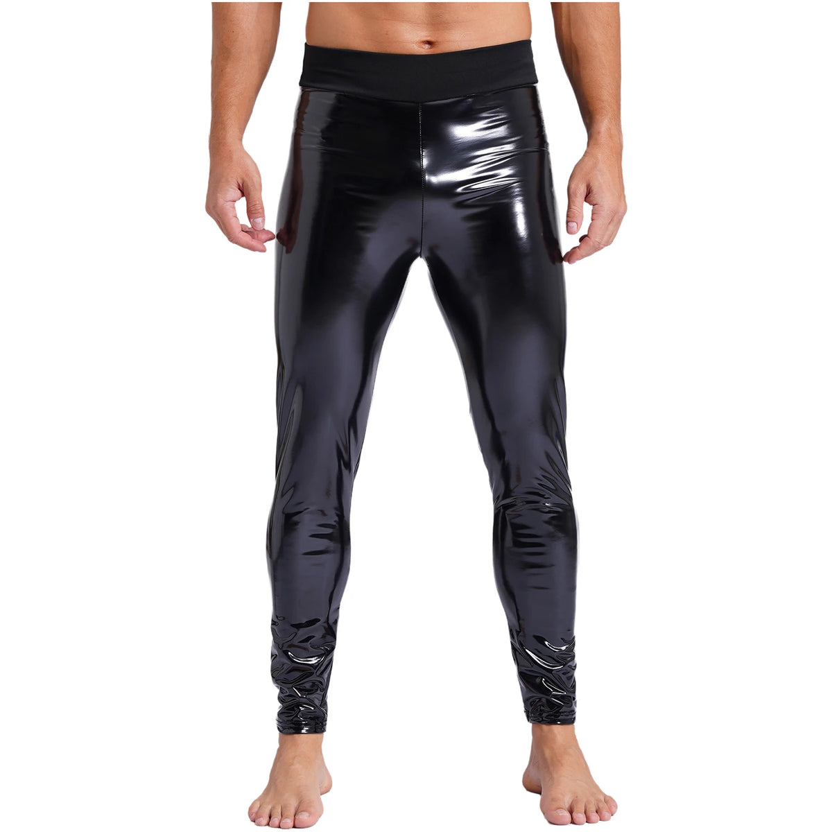 Mens Patent Leather Motor Biker Costumes Skinny Trousers Latex Long Pants Black Stretchy Leggings High Waist Wet Look Clubwear