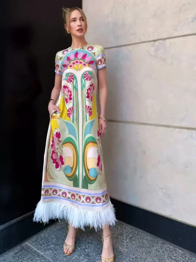 Women Art Floral Print Feather Hem Maxi Dress Crew Neck Short Sleeve Loose Fit Dresses 2026 Summer Fashion Elegant Lady Vestidos